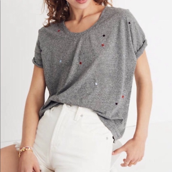 Madewell Gray Scoop Neck Tee W/Colorful Squares S - Picture 1 of 9